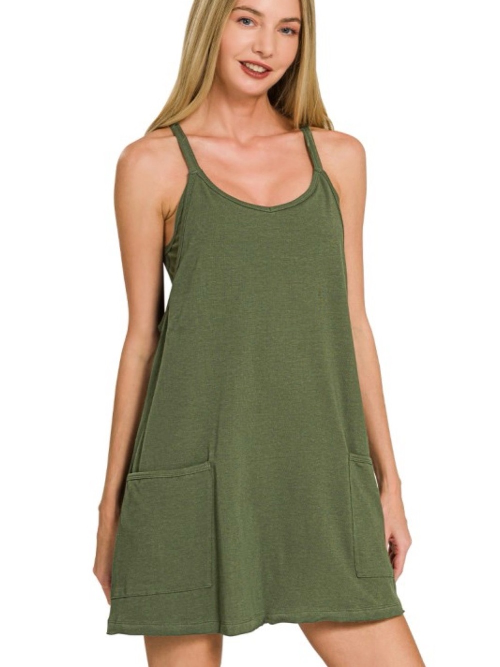 Zenana Olive Green Tank Pocket Dress with romper liner